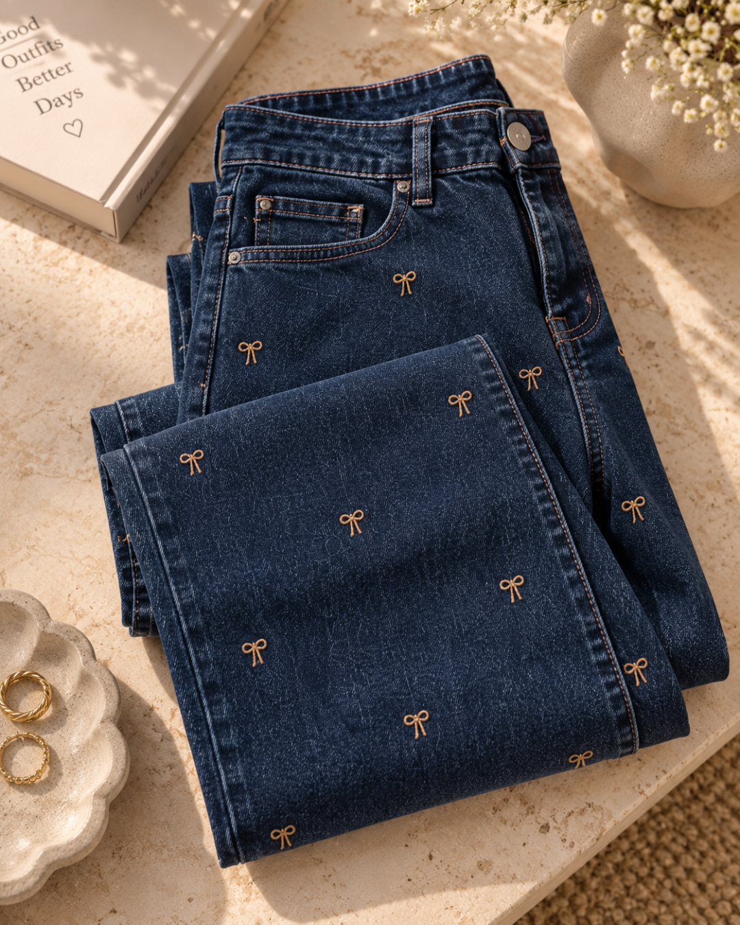 Pantalón Vaquero con Lacitos Bordados